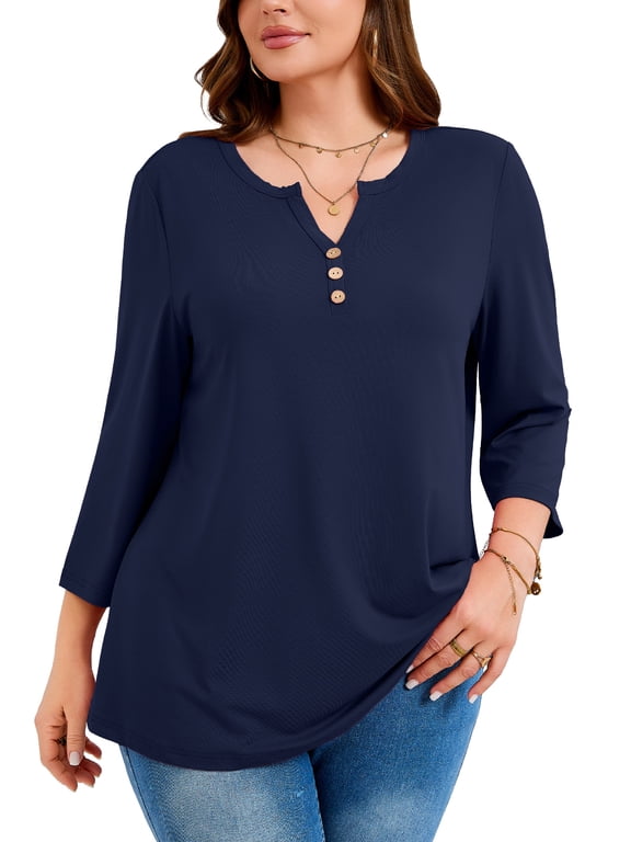 Women's Work Tops, Plus Size 3/4 Sleeve Button V Neck Business Casual Blouse, Navy Blue, Size 3X