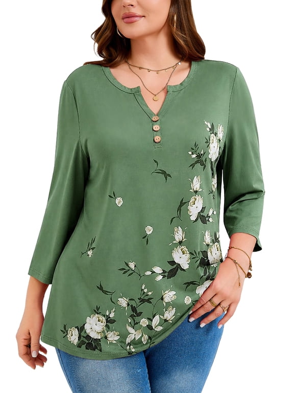 Plus Size Floral Tops for Women, 3/4 Sleeve Button V Neck Vacation Tunic Blouse, Moss Green Cascading Floral, Size 3X