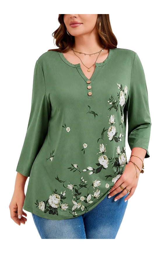 Plus Size Floral Tops for Women, 3/4 Sleeve Button V Neck Vacation Tunic Blouse, Moss Green Cascading Floral, Size 3X