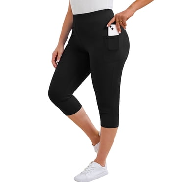 SHOWMALL Women's Plus Size High Waisted Capri Yoga Leggings with Pockets, Black 3X Tummy Control Cropped Workout Pants for Gym & Running