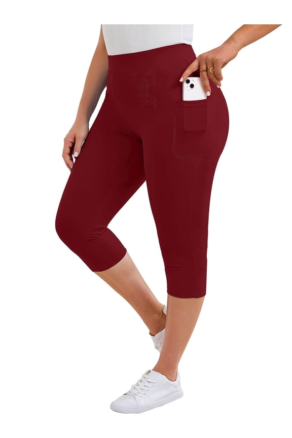 Women's Plus Size High Waisted Capri Yoga Leggings with Pockets, Burgundy 3X Tummy Control Cropped Workout Pants for Gym & Running