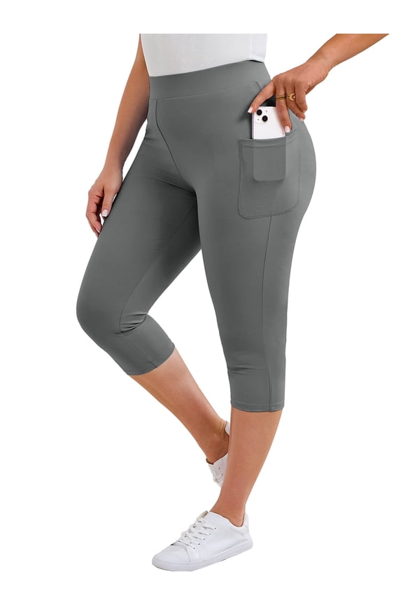 Women's Plus Size High Waisted Capri Yoga Leggings with Pockets, Gray 3X Tummy Control Cropped Workout Pants for Gym & Running