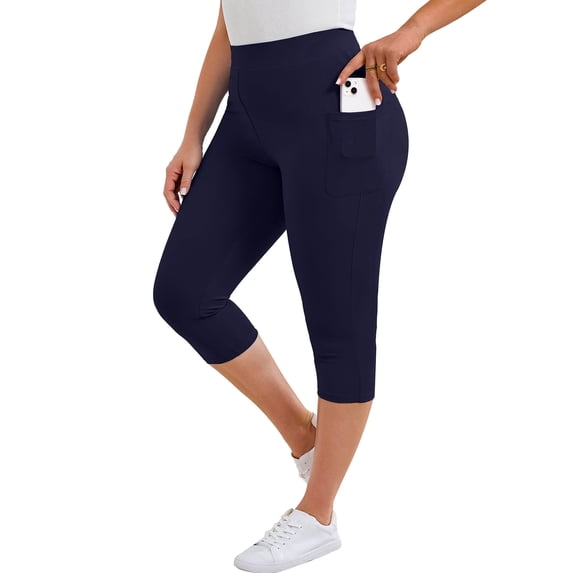 SHOWMALL Women's Plus Size High Waisted Capri Yoga Leggings with Pockets, Navy Blue 1X Tummy Control Cropped Workout Pants for Gym & Running