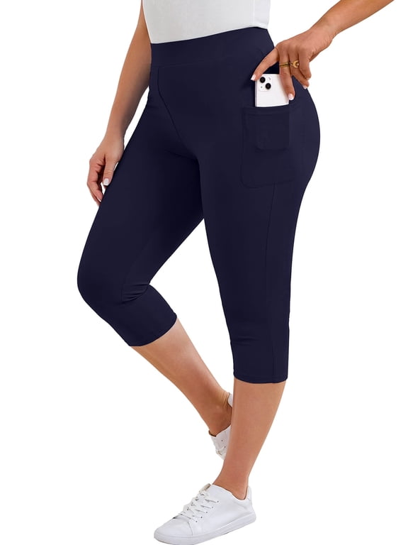 Women's Plus Size High Waisted Capri Yoga Leggings with Pockets, Navy Blue 3X Tummy Control Cropped Workout Pants for Gym & Running