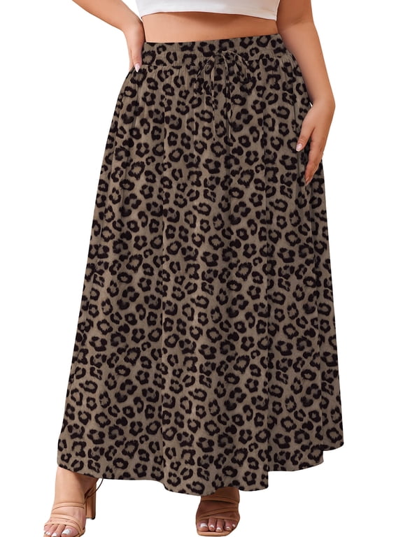 Women's Plus Size High Waisted Maxi Skirts with Pockets, Boho Flowy A-Line Long Skirt, Casual Summer Beach Skirt with Drawstring, Black Leopard Size 4X