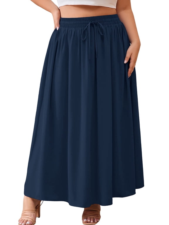 Women's Plus Size High Waisted Maxi Skirts with Pockets, Navy Blue 3X Boho Flowy A-Line Long Skirt, Casual Summer Beach Skirt with Drawstring