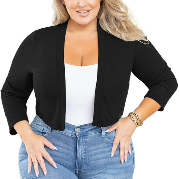 SHOWMALL Women's Plus Size Lightweight Cardigan Black 3X Open Front Knit&nbsp; 3/4 Sleeve Cropped Bolero Shrug Sweater Clothes Coat Tops for Evening dresses
