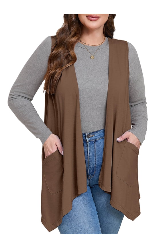Women's Plus Size Lightweight Cardigan Summer High Low Hem Draped Coffee 4X Soft Flowy Sleeveless Shrugs with Pockets Comfortable Stylish Layering Outerwear for Women