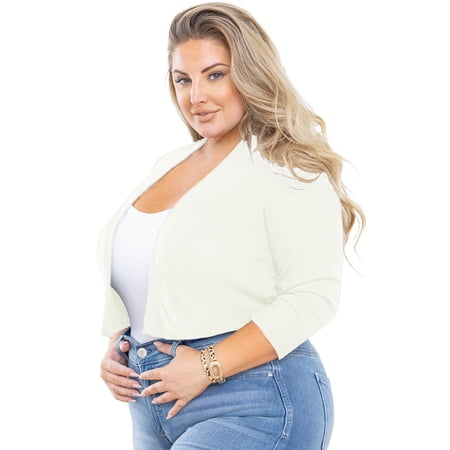 SHOWMALL Women's Plus Size Lightweight Shrug White 3X Open Front Knit 3/4 Sleeve Cropped Bolero Cardigan Sweater Clothes Coat Tops for Evening dresses