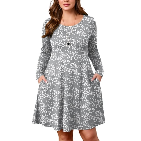 SHOWMALL Women's Plus Size Long Sleeve Dress, Grey Sakura 2X Swing A-Line with Pockets, Knee Length, Everyday Casual Printed Dress