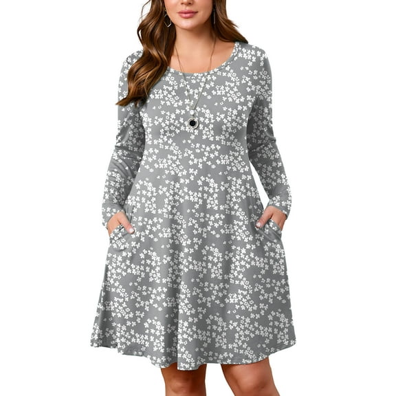 SHOWMALL Women's Plus Size Long Sleeve Dress, Grey Sakura 5X Swing A-Line with Pockets, Knee Length, Everyday Casual Printed Dress