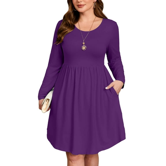 SHOWMALL Women's Plus Size Long Sleeve Dress with Pockets, Purple 4X Casual Scoopneck Swing A-Line, Comfortable for Spring/Fall/Winter