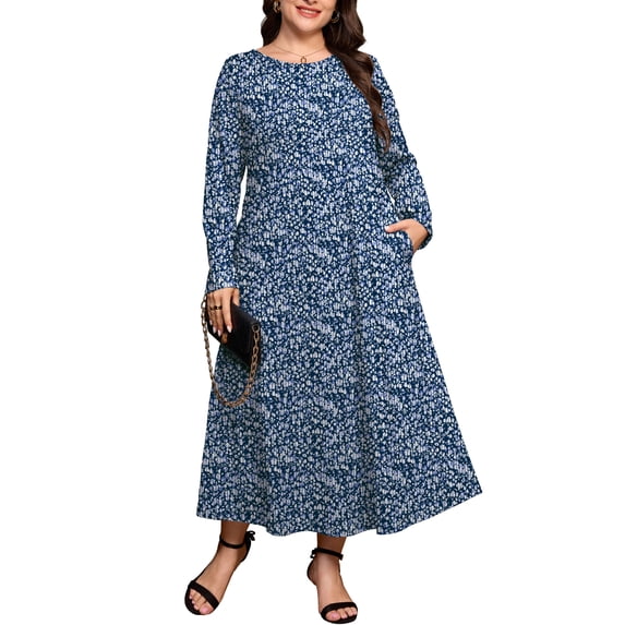 SHOWMALL Women's Plus Size Long Sleeve Maxi Dress with Pockets - Soft Casual Loose Floral Long Boho Dress