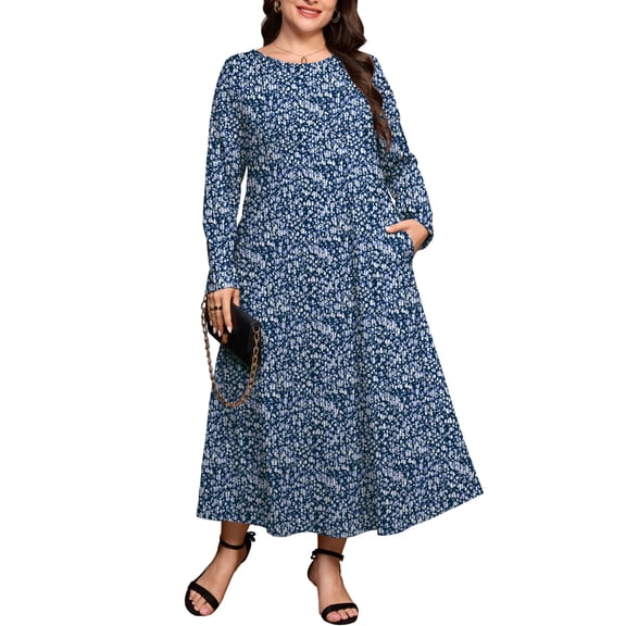 SHOWMALL Women's Plus Size Long Sleeve Maxi Dress with Pockets - Soft Casual Loose Floral Long Boho Dress