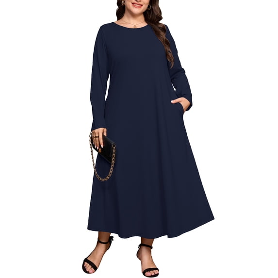 SHOWMALL Women's Plus Size Long Sleeve Maxi Dress with Pockets - Soft Casual Loose Long Boho Dress