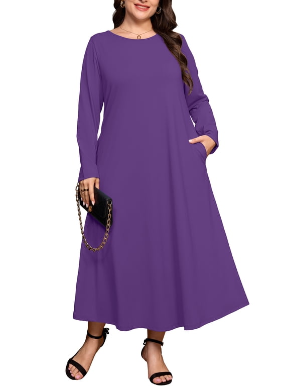 Women's Plus Size Long Sleeve Maxi Dress with Pockets - Soft Casual Loose Long Boho Dress