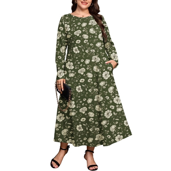 SHOWMALL Women's Plus Size Long Sleeve Maxi Dress with Pockets - Soft Casual Loose Floral Long Boho Dress