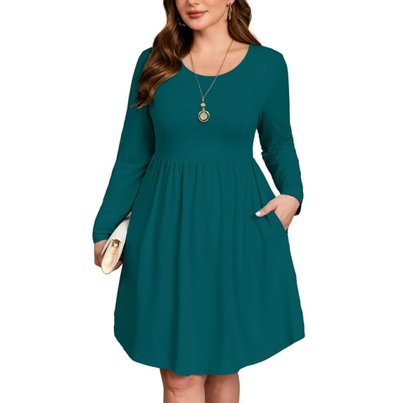SHOWMALL Women's Plus Size Long Sleeve Pocket Dress, Indigo Blue 5X Soft Stretch Scoop Neck Swing A-Line, Knee Length, Easy Layering