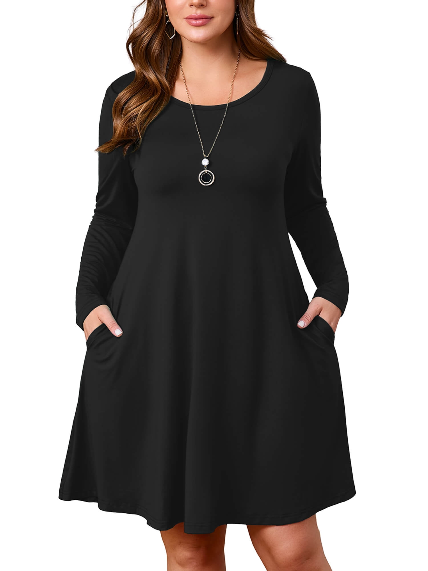 Showmall Women's Plus Size Long Sleeve Swing Dress with Pockets, Black 4X Crew Neck A-Line, Soft Stretch, Knee Length Midi Dress for Spring/Fall/