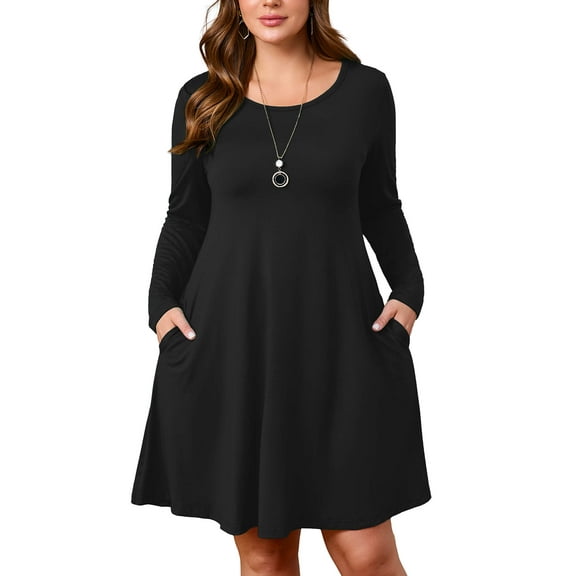 SHOWMALL Women's Plus Size Long Sleeve Swing Dress with Pockets, Black 4X Crew Neck A-Line, Soft Stretch, Knee Length Midi Dress for Spring/Fall/Winter