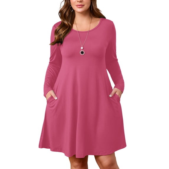 SHOWMALL Women's Plus Size Long Sleeve Swing Dress with Pockets