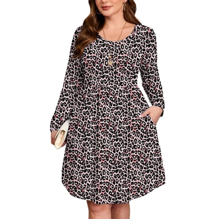 SHOWMALL Women's Plus Size Long Sleeve Swing Printed Dress with Pockets, Fancy Peachy Leopard 5X Scoop Neck A-Line, Casual Knee Length