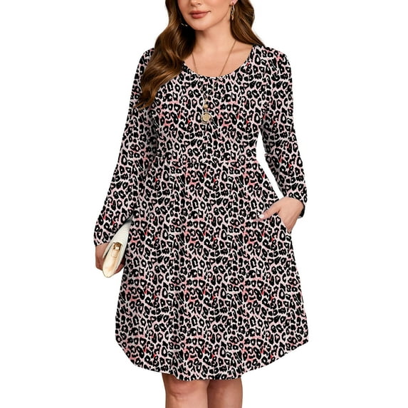 SHOWMALL Women's Plus Size Long Sleeve Swing Printed Dress with Pockets, Fancy Peachy Leopard 5X Scoop Neck A-Line, Casual Knee Length