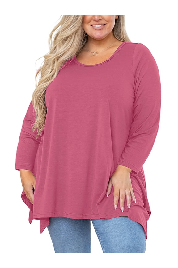 Women's Plus Size Long Sleeve Top, Purple Red 4X Scoop Neck Tunic Tops with Asym Hem, Flowy Swing Shirts, Everyday Comfort