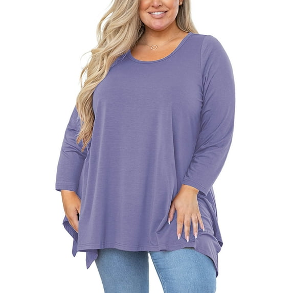 SHOWMALL Women's Plus Size Long Sleeve Tunic, Purple Gray 2X Handkerchief Hem Shirts, Flattering Swing Fit Tops, Easy Layering for Spring/Fall/Winter