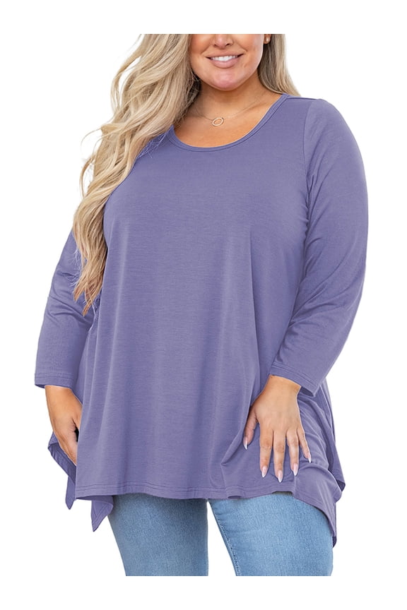 Women's Plus Size Long Sleeve Tunic, Purple Gray 4X Handkerchief Hem Shirts, Flattering Swing Fit Tops, Easy Layering for Spring/Fall/Winter