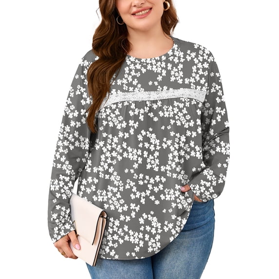 SHOWMALL Plus Size Floral Tunic Top for Women, Long Sleeve Lace Crew Neck Casual Blouse, Grey Sakura, 2X