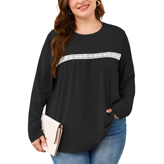 SHOWMALL Plus Size Tops for Women, Long Sleeve Lace Crew Neck Tunic Blouse, Dressy Casual Work Shirt, Black, 5X