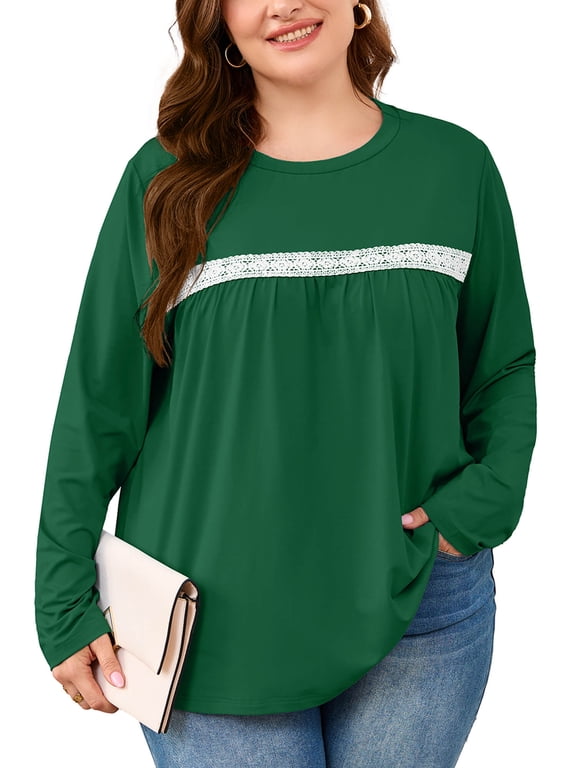 Plus Size Long Sleeve Tops for Women, Lace Crew Neck Tunic Blouse, Casual Work and Weekend Shirt, Green, 3X