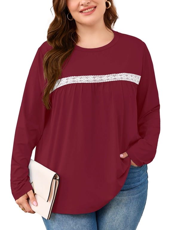 Plus Size Blouse for Women, Long Sleeve Lace Tunic Top, Crew Neck Dressy Casual Fall Shirt, Burgundy, 2X