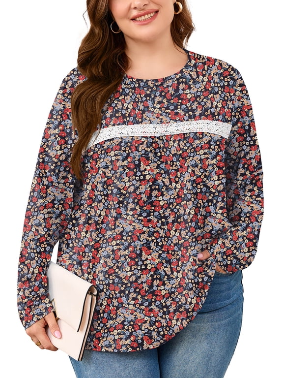 Women's Plus Size Floral Top, Long Sleeve Lace Crew Neck Boho Tunic Blouse, Casual Retro Print Shirt, Retro Floral, 3X