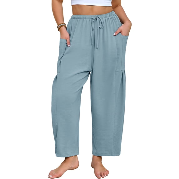 SHOWMALL Women's Plus Size Loose Fit Baggy Pants, Lightweight Breathable Balloon Trousers with Pockets, Blue Gray 2X Comfortable Elastic Drawstring Waist Wide Leg Lounge Pants