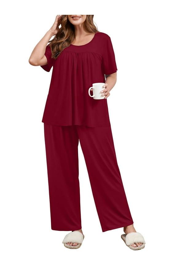 Women's Plus Size Loungewear Pajama Set, Burgundy 2X Short Sleeve Pleated Top & Long Pants with Pockets, Soft Double-Brushed 2 Piece Sleepwear