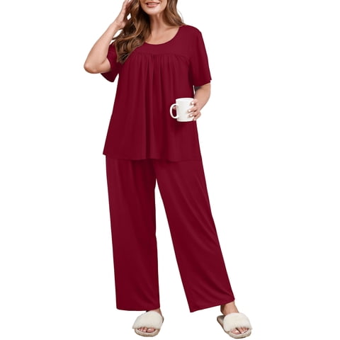 Women's Plus Size Loungewear Pajama Set, Burgundy 3X Short Sleeve Pleated Top & Long Pants with Pockets, Soft Double-Brushed 2 Piece Sleepwear