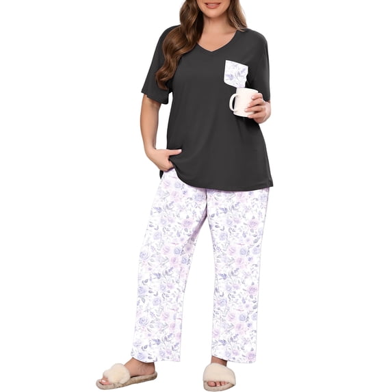 SHOWMALL Women's Plus Size Loungewear Set Blue Lilac Rose 4X 2 Piece Pajama Set Sleepwear for Spring Summer Fall, Short Sleeve Top and Printed Long Pants with Side Pockets