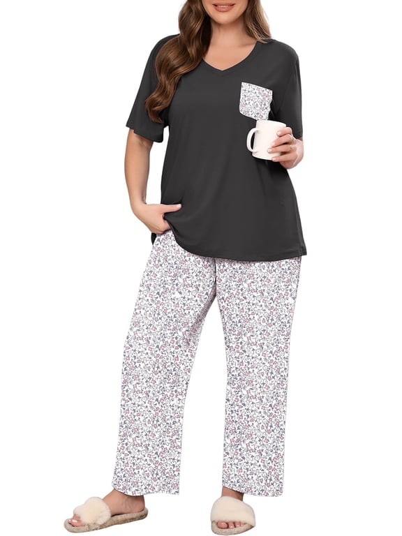 Women's Plus Size Loungewear Set Ditsy Floral 3X 2 Piece Pajama Set Sleepwear for Spring Summer Fall, Short Sleeve Top and Printed Long Pants with Side Pockets