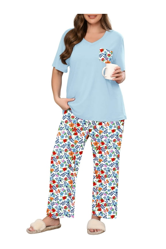 Women's Plus Size Loungewear Set Orange Blue Floral Bloom 3X 2 Piece Pajama Set Sleepwear for Spring Summer Fall, Short Sleeve Top and Printed Long Pants with Side Pockets