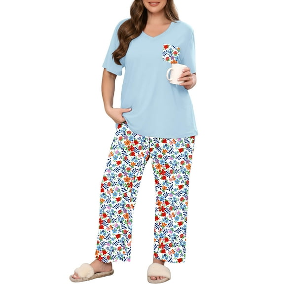 SHOWMALL Women's Plus Size Loungewear Set Orange Blue Floral Bloom 5X 2 Piece Pajama Set Sleepwear for Spring Summer Fall, Short Sleeve Top and Printed Long Pants with Side Pockets