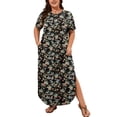thumbnail image 1 of SHOWMALL Women's Plus Size Maxi Dress with Pockets, Valentine's Day Galentine's Self-Care Gift for Her, Black Ditsy Florals 2X Side Slit Short Sleeve Long Dress, 1 of 7