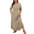 thumbnail image 1 of SHOWMALL Women's Plus Size Maxi Dress with Pockets, Valentine's Day Galentine's Self-Care Gift for Her, Cream Khaki Leopard 1X Side Slit Short Sleeve Long Dress, 1 of 7