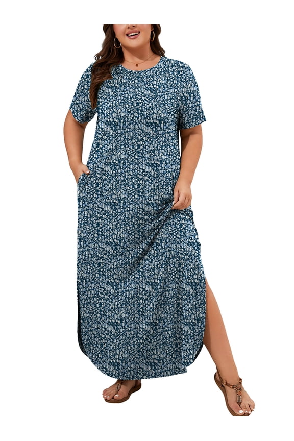 Women's Plus Size Maxi Dress with Pockets, Valentine's Day Galentine's Self-Care Gift for Her, Navy Blue Vertical Floral 3X Side Slit Short Sleeve Long Dress