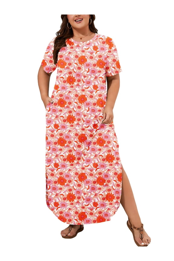 Women's Plus Size Maxi Dress with Pockets, Valentine's Day Galentine's Self-Care Gift for Her, Vibrant Orange Daisy Floral 1X Side Slit Short Sleeve Long Dress