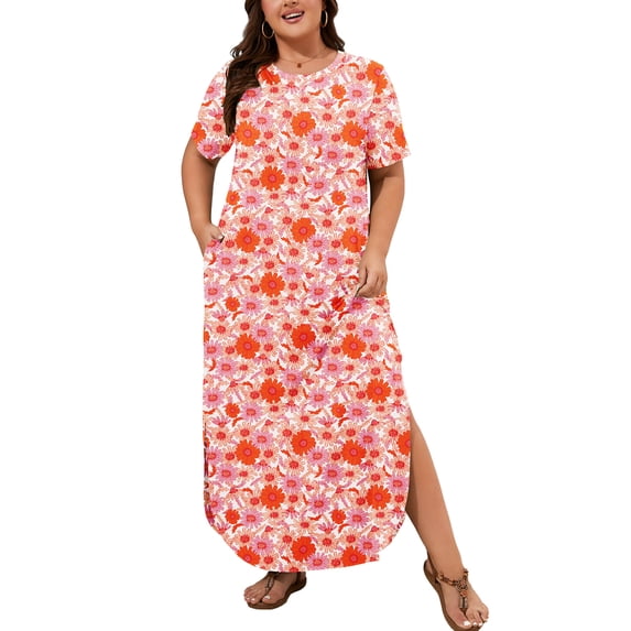 SHOWMALL Women's Plus Size Maxi Dress with Pockets, Valentine's Day Galentine's Self-Care Gift for Her, Vibrant Orange Daisy Floral 2X Side Slit Short Sleeve Long Dress