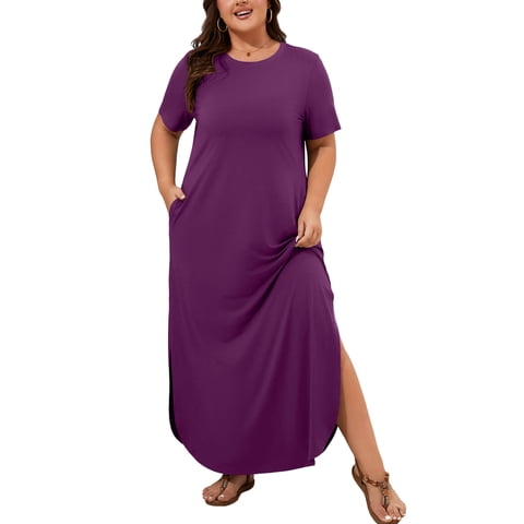 Women's Plus Size Maxi Dress with Pockets, Valentine's Day Galentine's Self-Care Gift for Her, Purple 3X Side Slit Short Sleeve Long Dress