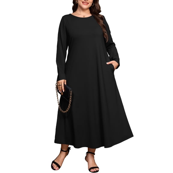 SHOWMALL Women's Plus Size Maxi Dresses Long Sleeve Loose Casual Fall Dress with Pockets XL-5XL