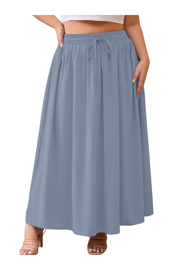 Women's Plus Size High Waisted Maxi Skirts with Pockets, Gray Blue 3X Boho Flowy A-Line Long Skirt, Casual Summer Beach Skirt with Drawstring